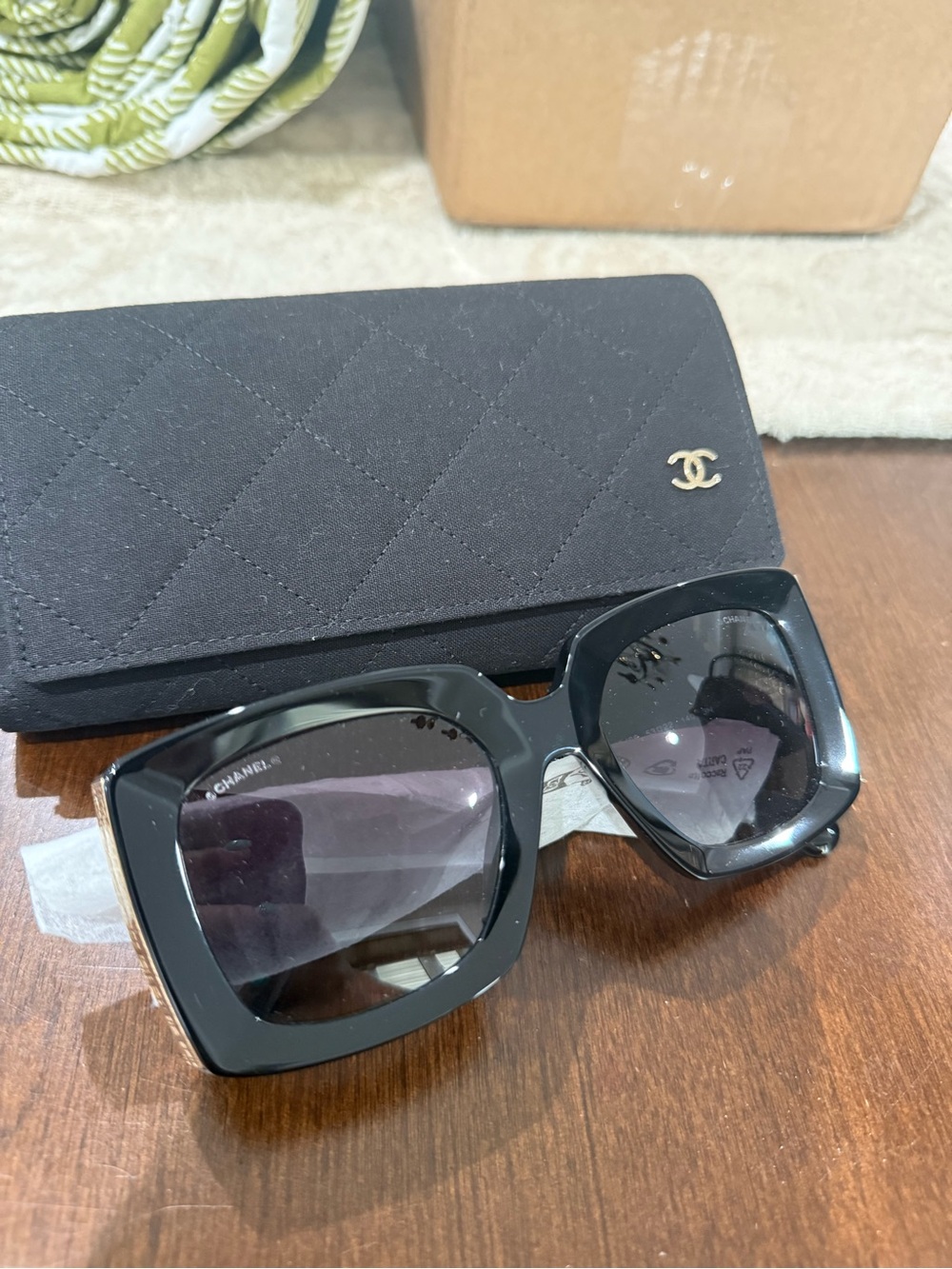 CHANEL Black Square Oversized Sunglasses with Gold Accents